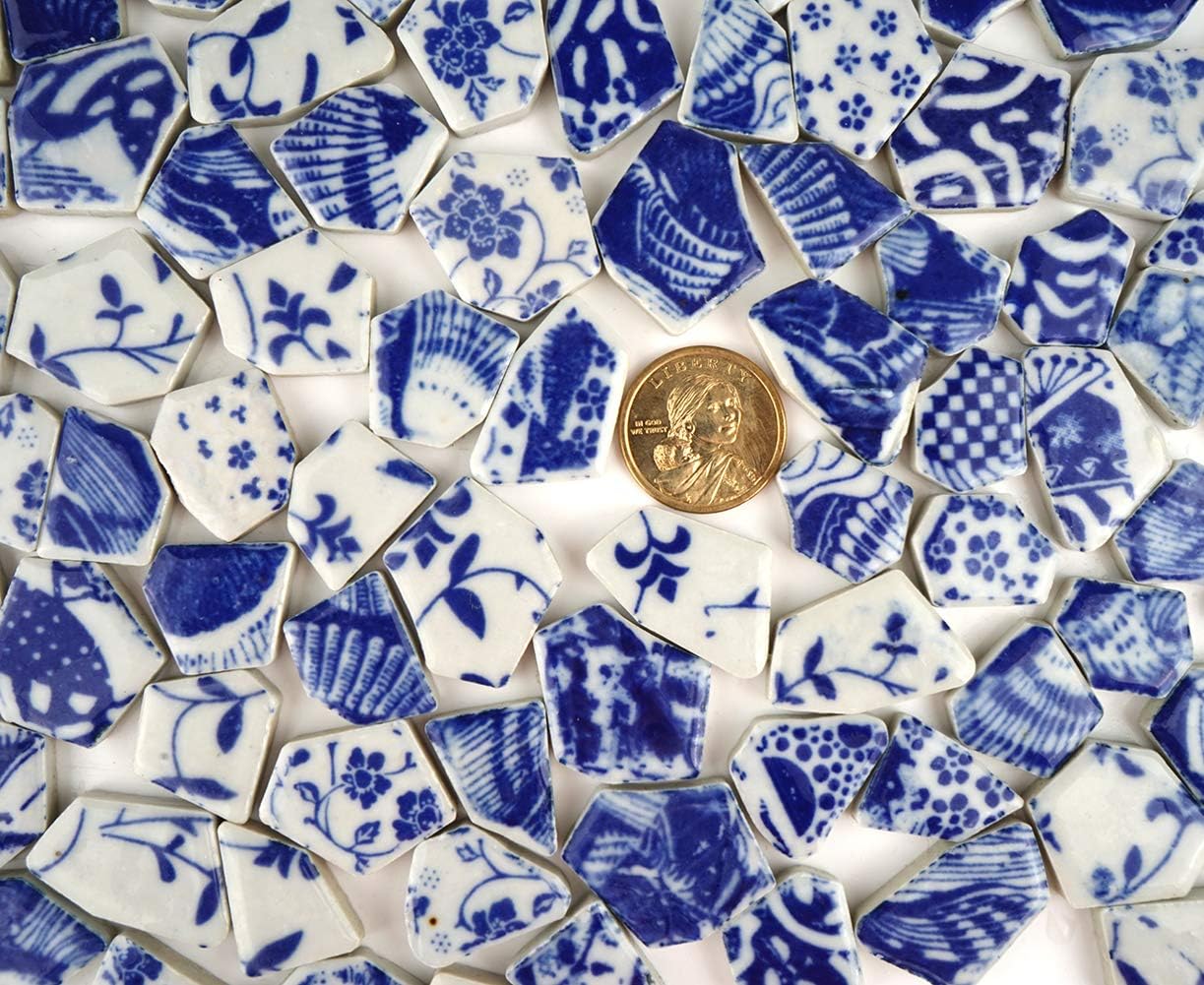 Lanyani Broken Ceramic China Tiles Assortment Blue and White Porcelain Pieces for Mosaic Craft