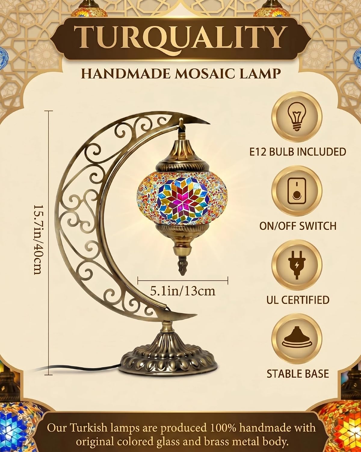 Hortsun Turkish Lamp Moon Shaped Moroccan Lamp Turkish Mosaic Stained Glass Table Light with Bronze Base Colorful Moroccan Globe Light for Decorative Home Designs