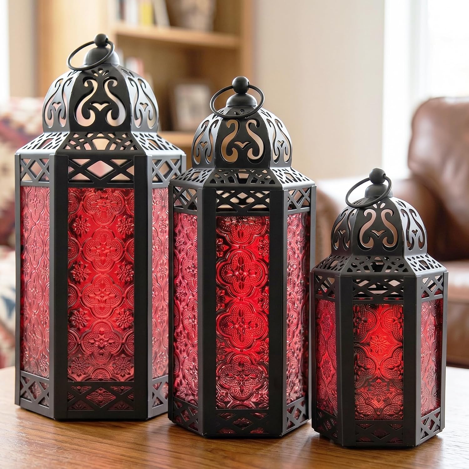 VELA LANTERNS Red Glass Moroccan Metal Candle Lantern Decorative Set in 3 Sizes (Large
